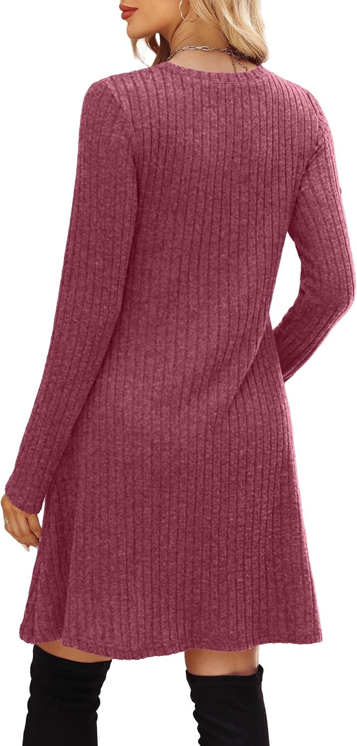 OFEEFAN Women’s Long-Sleeve Crew Neck Tunic Dress Empire Waist with Pockets