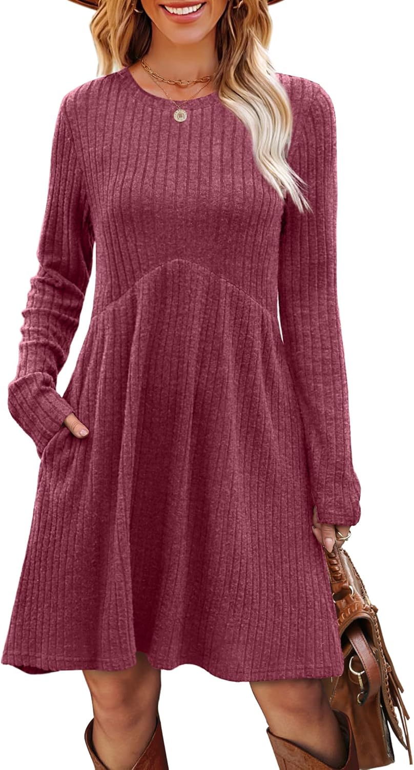 OFEEFAN Women’s Long-Sleeve Crew Neck Tunic Dress Empire Waist with Pockets