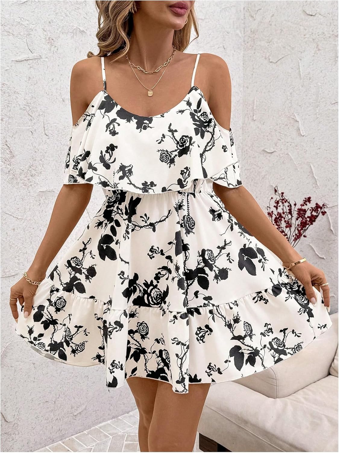 SOLY HUX Women’s Boho Floral Print Cold-Shoulder Dress Short-Sleeve Ruffle A-Line Mini Dress Elegant Vacation Wear