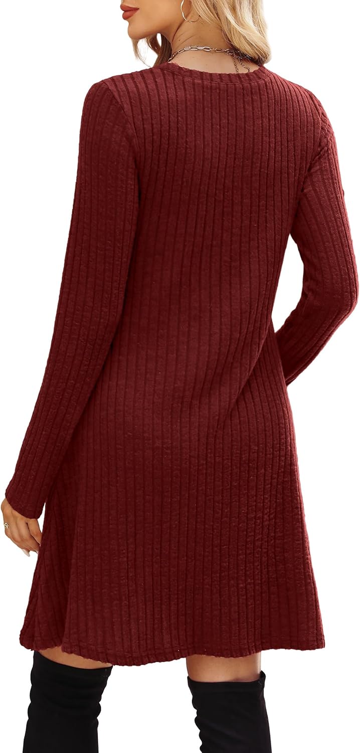 OFEEFAN Women’s Long-Sleeve Crew Neck Tunic Dress Empire Waist with Pockets