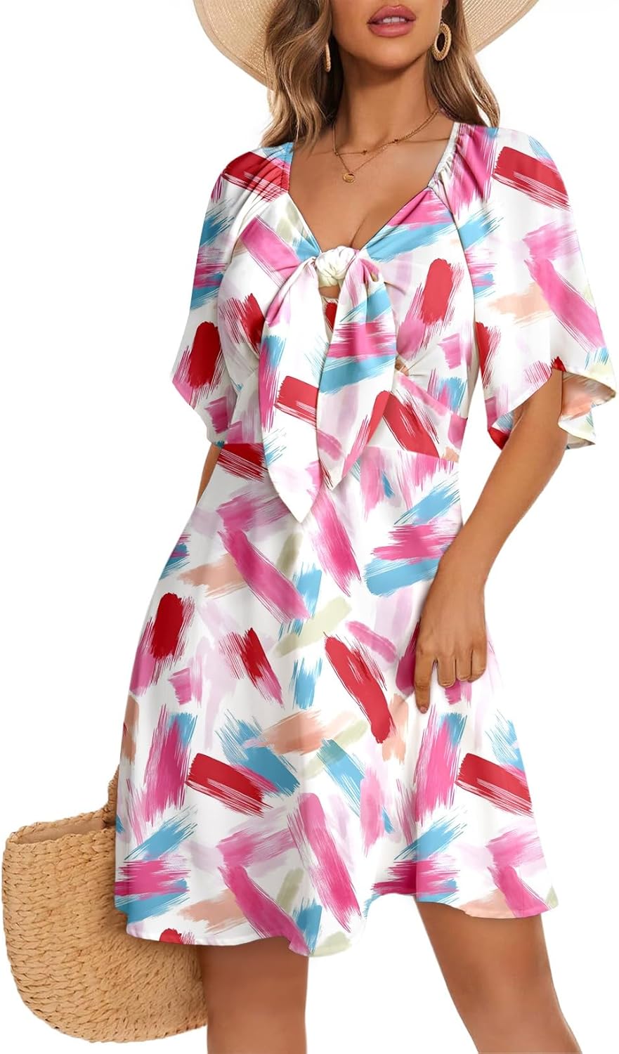 Dokotoo Women’s 2025 Summer & Fall Deep V-Neck Mini Dress with Elegant Bow Tie, Available in Sizes S–XL