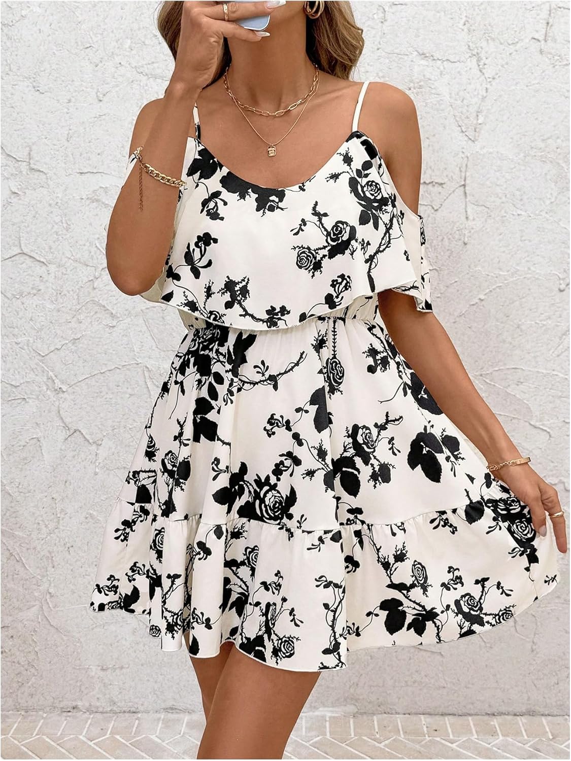 SOLY HUX Women’s Boho Floral Print Cold-Shoulder Dress Short-Sleeve Ruffle A-Line Mini Dress Elegant Vacation Wear