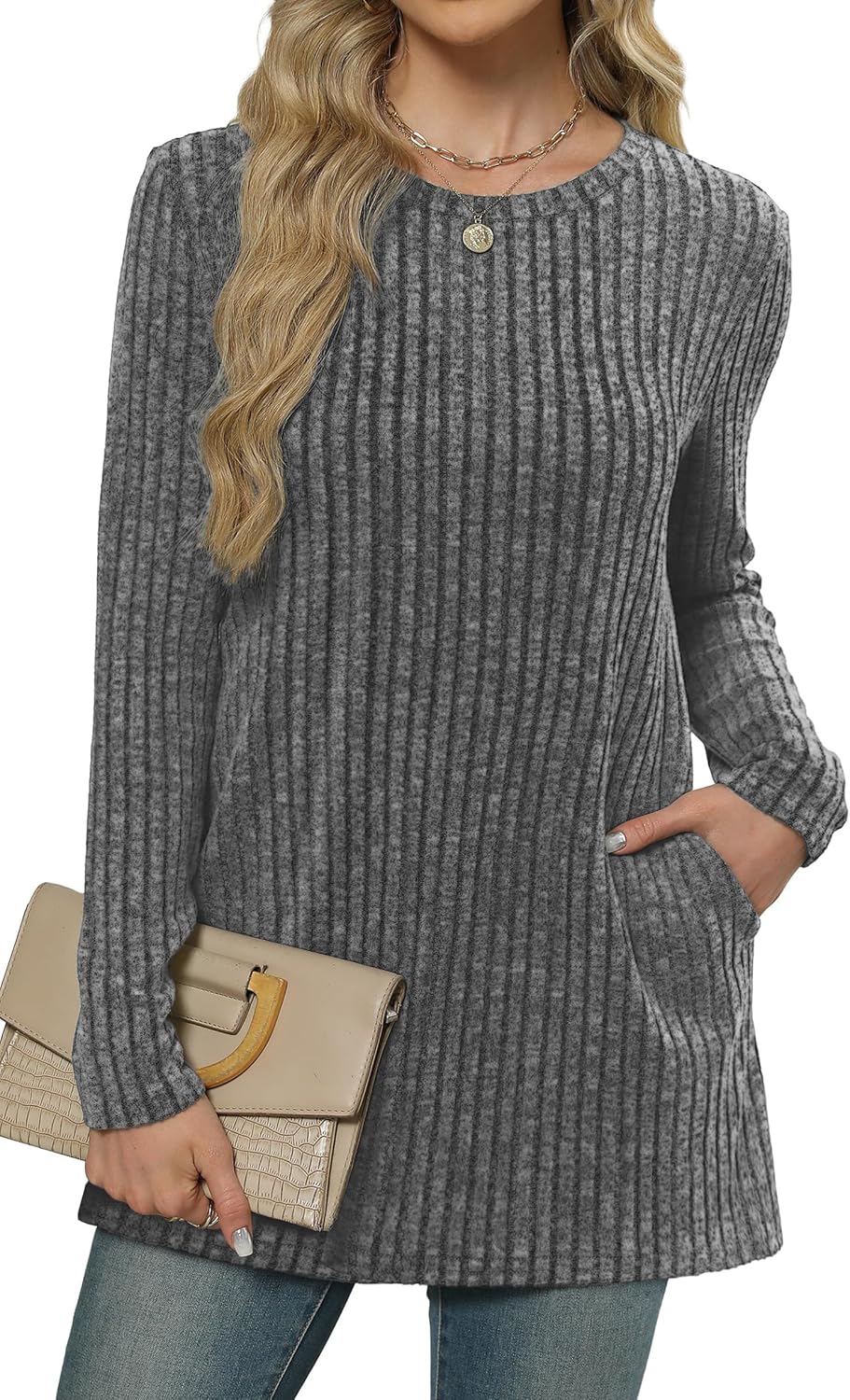 XIEERDUO Women’s Long-Sleeve Crewneck Tunic Tops Loose-Fit Sweaters with Pockets Fall Fashion 2025