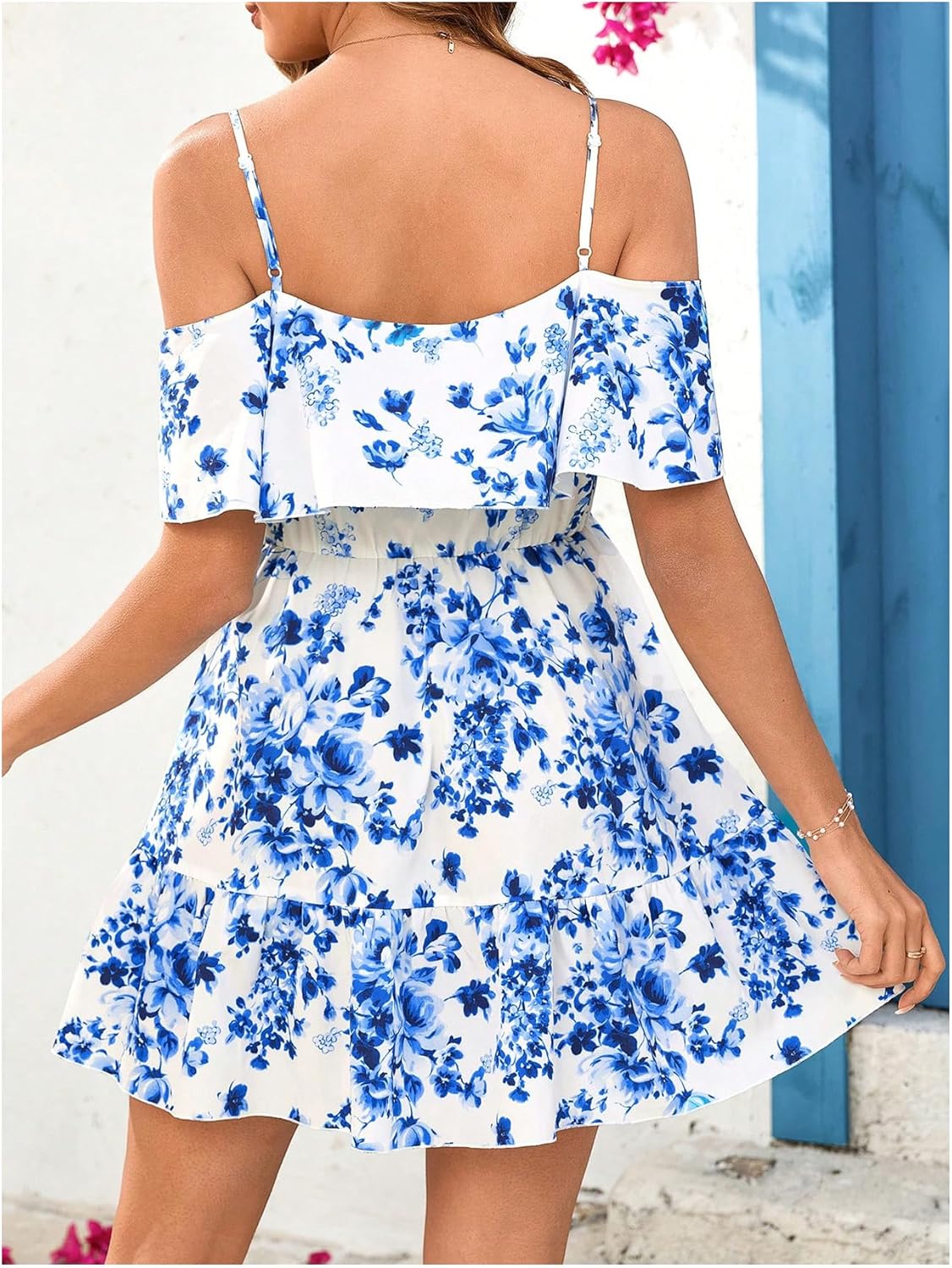 SOLY HUX Women’s Boho Floral Print Cold-Shoulder Dress Short-Sleeve Ruffle A-Line Mini Dress Elegant Vacation Wear