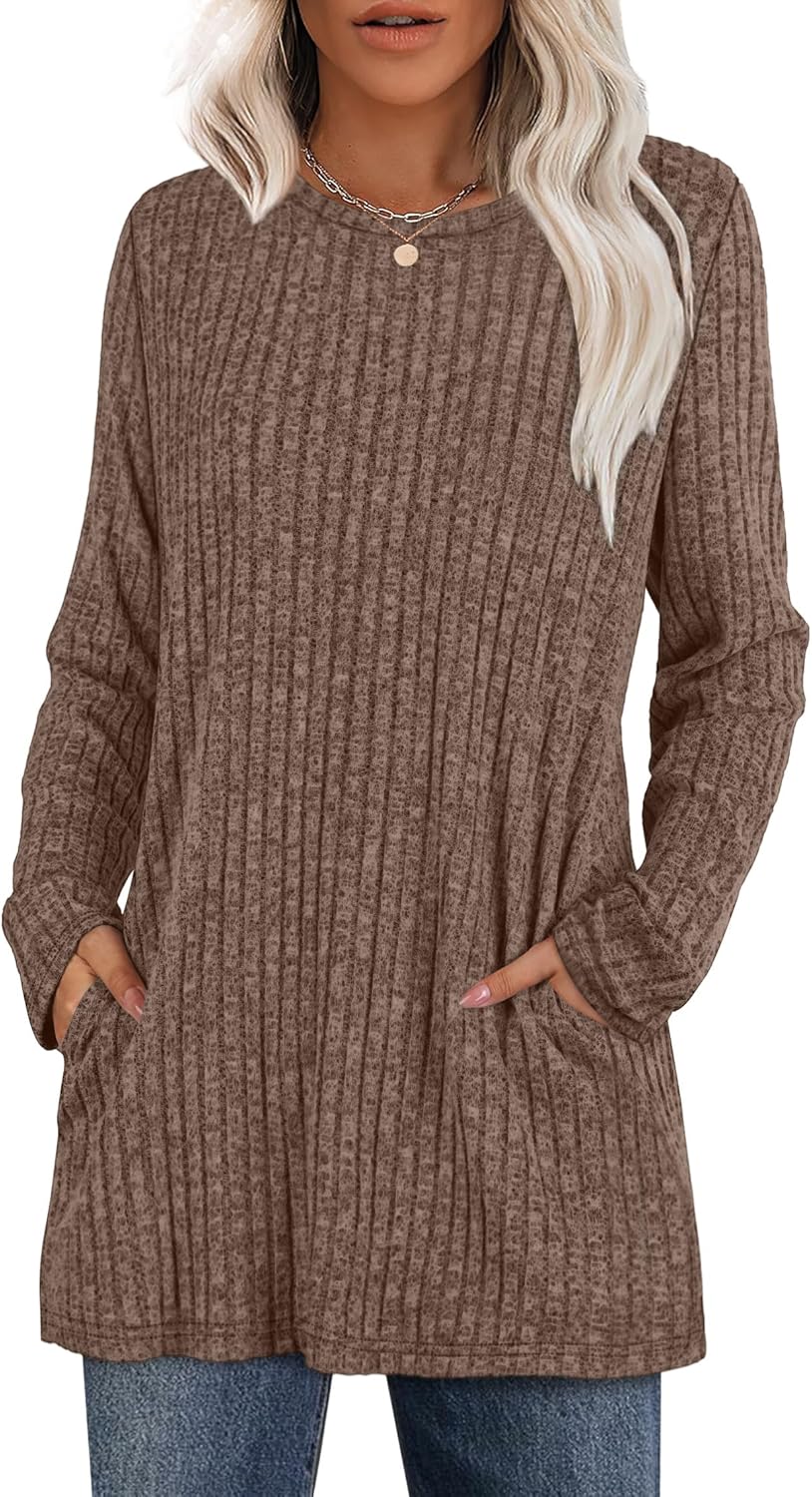 XIEERDUO Women’s Long-Sleeve Crewneck Tunic Tops Loose-Fit Sweaters with Pockets Fall Fashion 2025