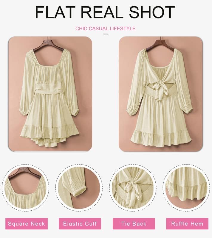 Dokotoo Women’s Long-Sleeve Lantern Dress Square Neck Tie-Back Ruffle A-Line Mini Dress with Elastic Waist, Sexy and Elegant