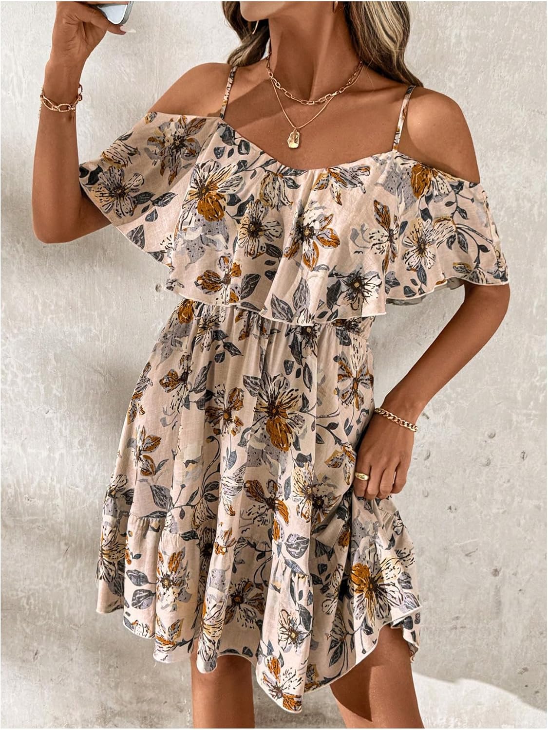 SOLY HUX Women’s Boho Floral Print Cold-Shoulder Dress Short-Sleeve Ruffle A-Line Mini Dress Elegant Vacation Wear