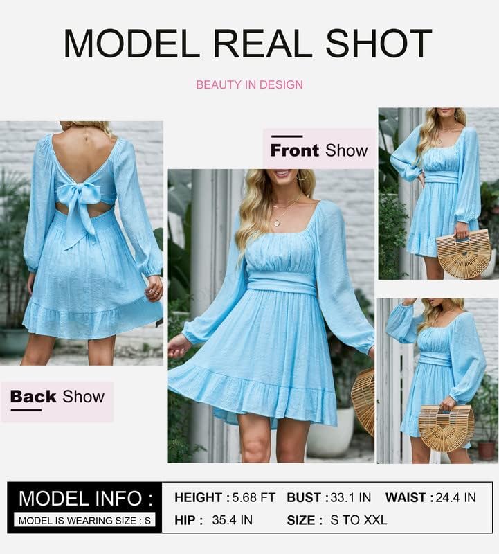 Dokotoo Women’s Long-Sleeve Lantern Dress Square Neck Tie-Back Ruffle A-Line Mini Dress with Elastic Waist, Sexy and Elegant