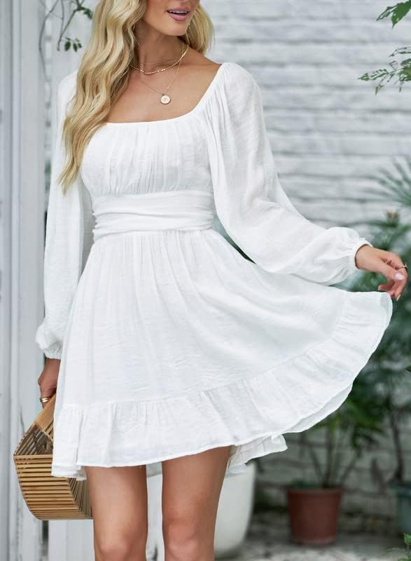 Dokotoo Women’s Long-Sleeve Lantern Dress Square Neck Tie-Back Ruffle A-Line Mini Dress with Elastic Waist, Sexy and Elegant