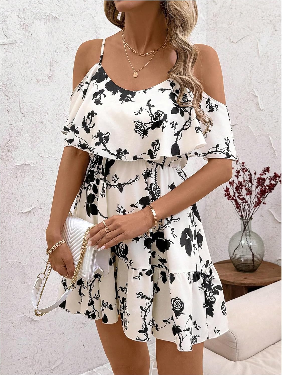 SOLY HUX Women’s Boho Floral Print Cold-Shoulder Dress Short-Sleeve Ruffle A-Line Mini Dress Elegant Vacation Wear