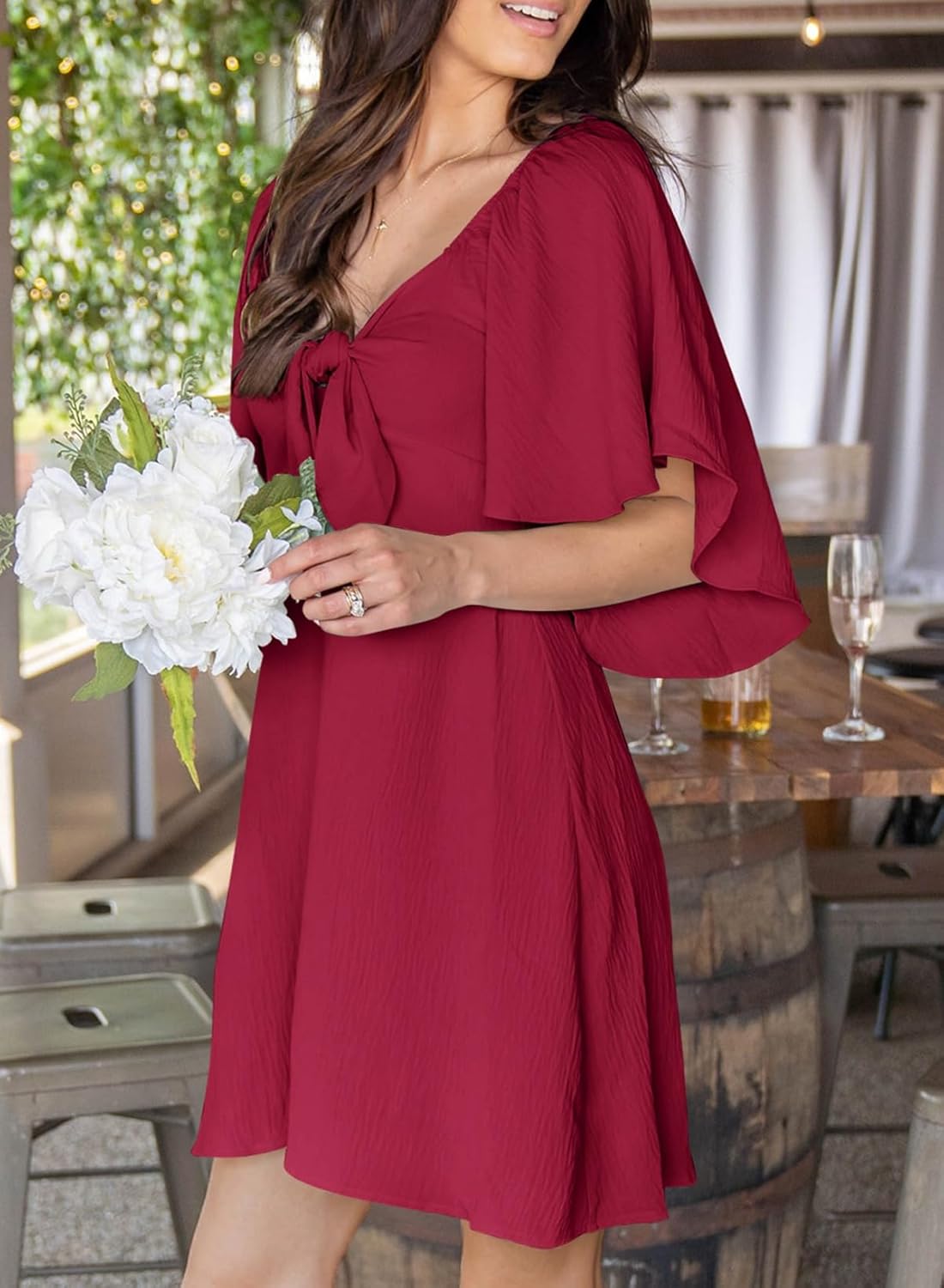 Dokotoo Women’s 2025 Summer & Fall Deep V-Neck Mini Dress with Elegant Bow Tie, Available in Sizes S–XL