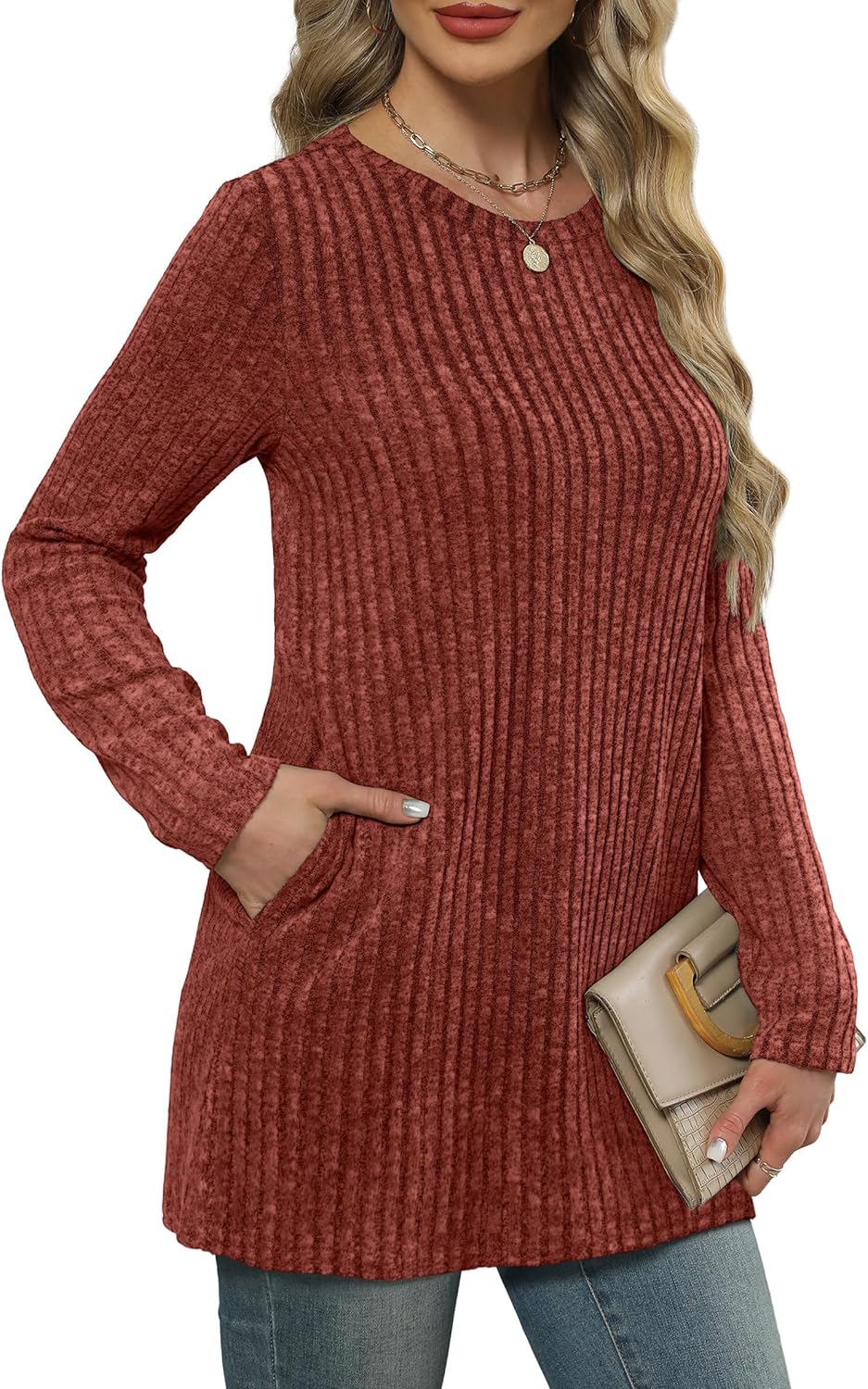 XIEERDUO Women’s Long-Sleeve Crewneck Tunic Tops Loose-Fit Sweaters with Pockets Fall Fashion 2025