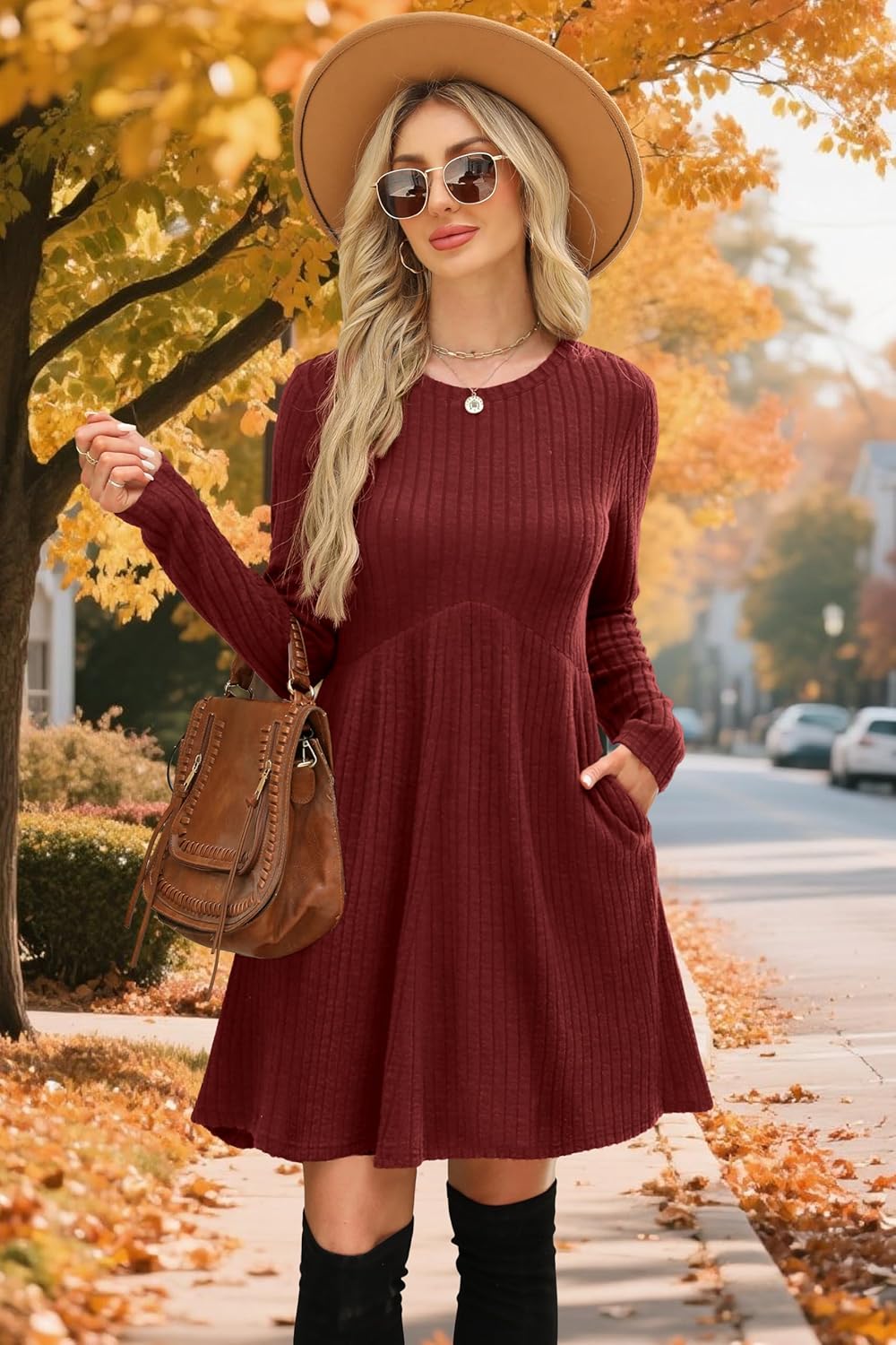OFEEFAN Women’s Long-Sleeve Crew Neck Tunic Dress Empire Waist with Pockets