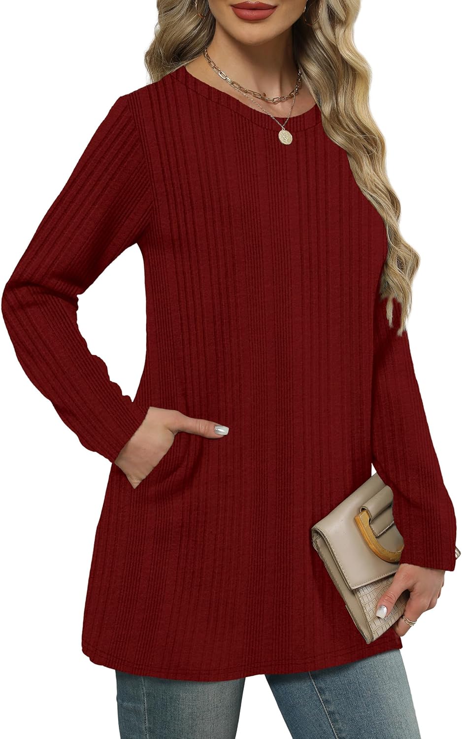 XIEERDUO Women’s Long-Sleeve Crewneck Tunic Tops Loose-Fit Sweaters with Pockets Fall Fashion 2025