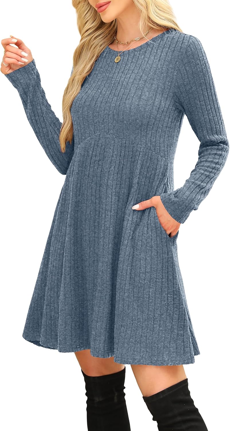OFEEFAN Women’s Long-Sleeve Crew Neck Tunic Dress Empire Waist with Pockets