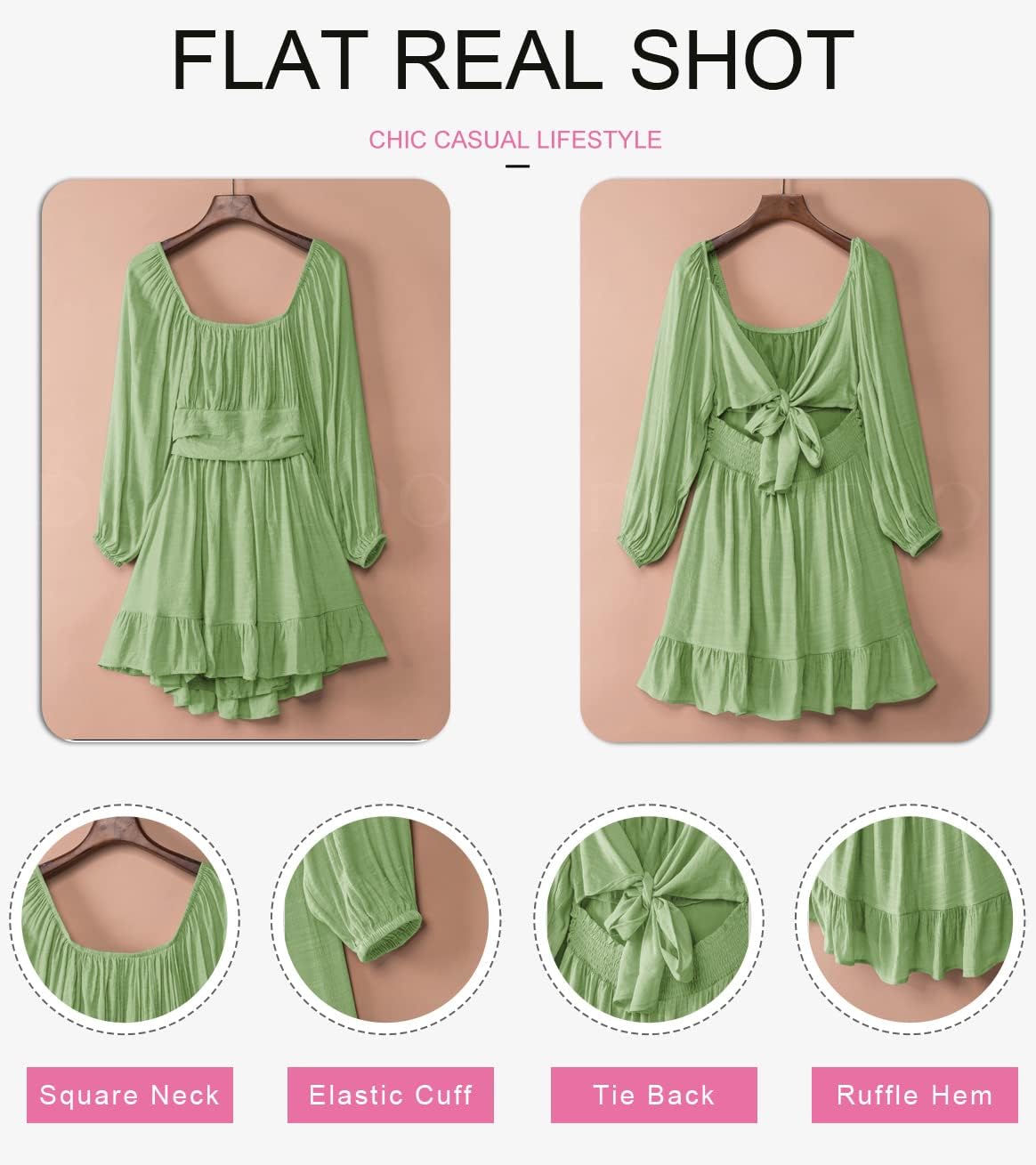 Dokotoo Women’s Long-Sleeve Lantern Dress Square Neck Tie-Back Ruffle A-Line Mini Dress with Elastic Waist, Sexy and Elegant