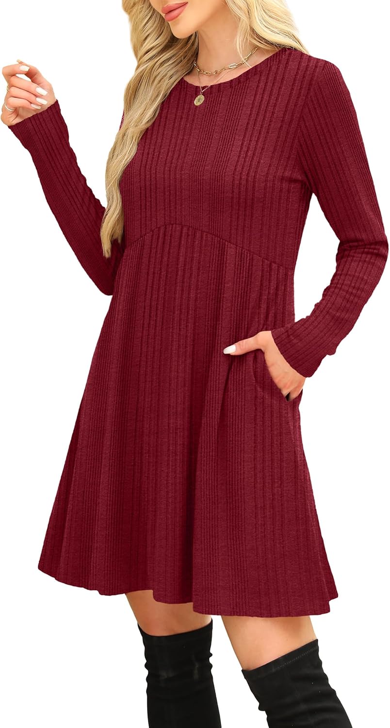 OFEEFAN Women’s Long-Sleeve Crew Neck Tunic Dress Empire Waist with Pockets