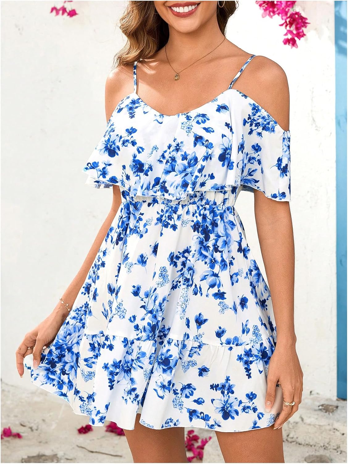 SOLY HUX Women’s Boho Floral Print Cold-Shoulder Dress Short-Sleeve Ruffle A-Line Mini Dress Elegant Vacation Wear