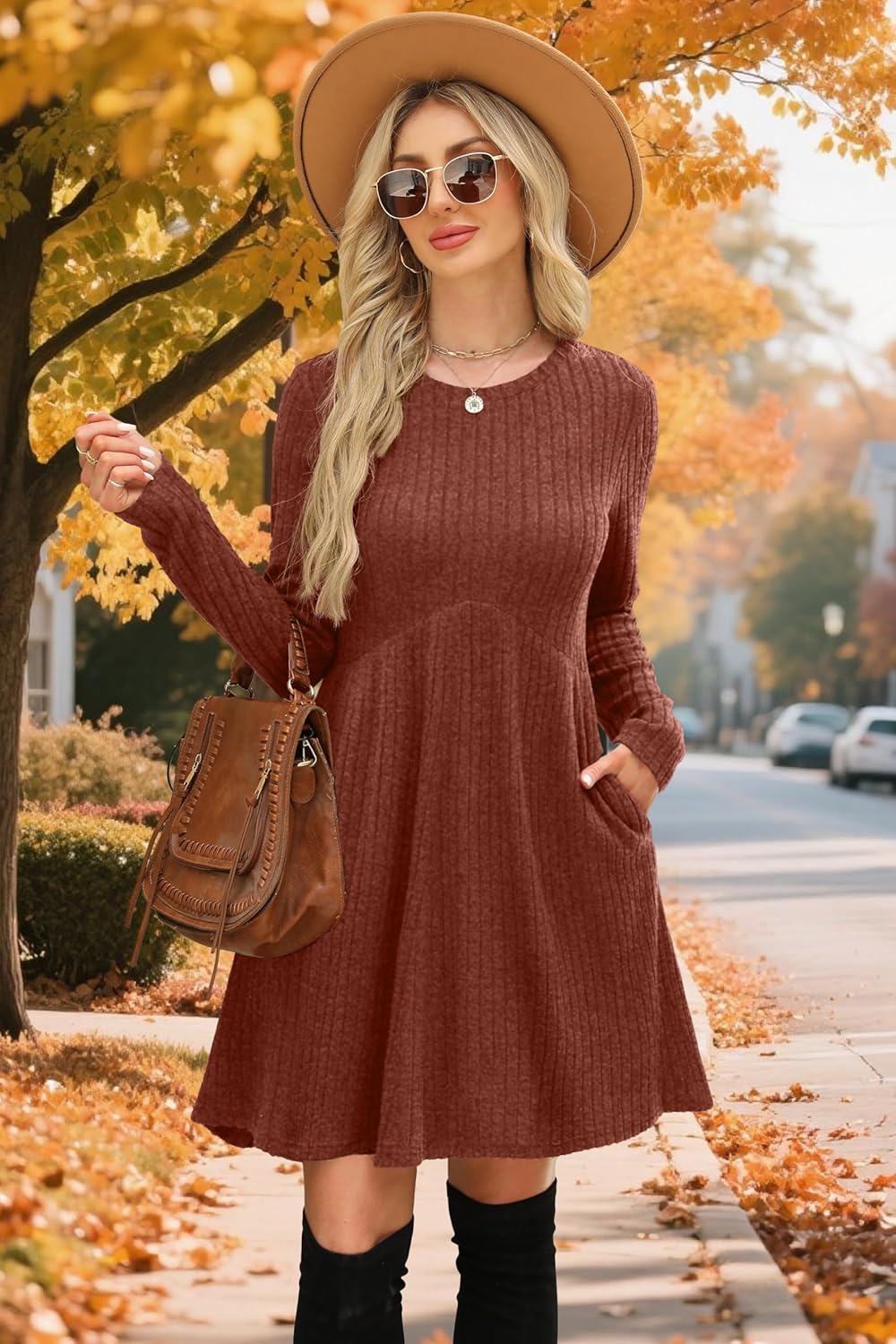 OFEEFAN Women’s Long-Sleeve Crew Neck Tunic Dress Empire Waist with Pockets