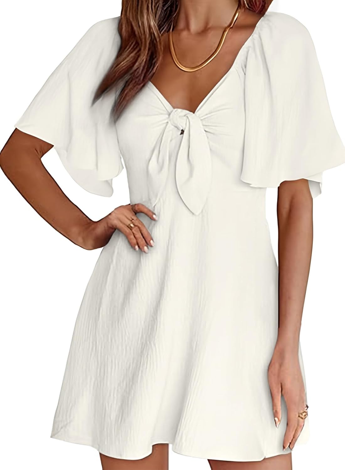 Dokotoo Women’s 2025 Summer & Fall Deep V-Neck Mini Dress with Elegant Bow Tie, Available in Sizes S–XL