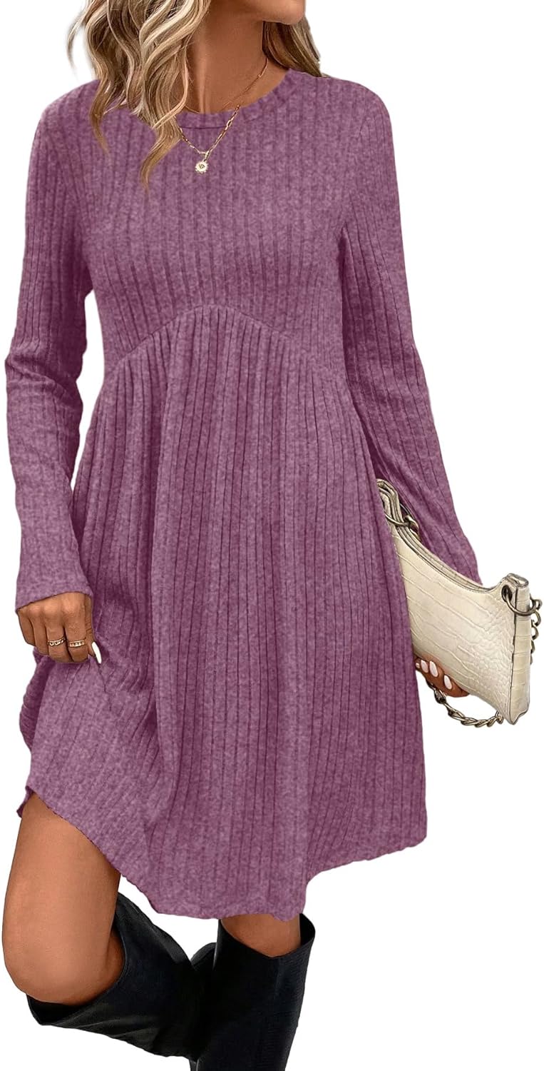 OFEEFAN Women’s Long-Sleeve Crew Neck Tunic Dress Empire Waist with Pockets