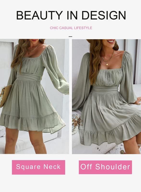 Dokotoo Women’s Long-Sleeve Lantern Dress Square Neck Tie-Back Ruffle A-Line Mini Dress with Elastic Waist, Sexy and Elegant
