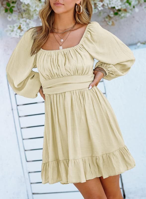 Dokotoo Women’s Long-Sleeve Lantern Dress Square Neck Tie-Back Ruffle A-Line Mini Dress with Elastic Waist, Sexy and Elegant