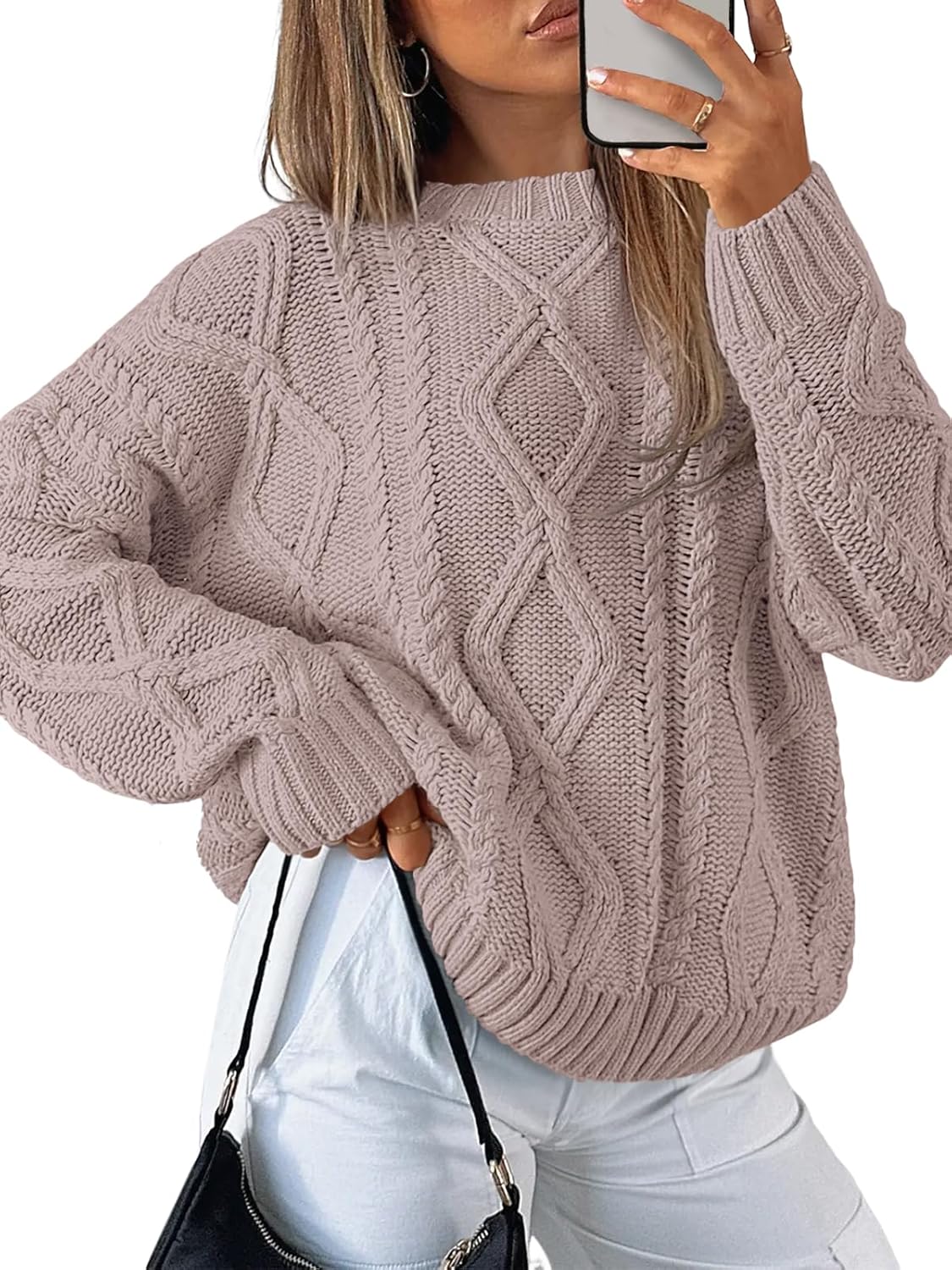 Trendy Queen Women’s Oversized Cable Knit Sweater – Cozy Crewneck Pullover for Fall and Winter