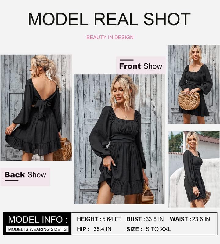 Dokotoo Women’s Long-Sleeve Lantern Dress Square Neck Tie-Back Ruffle A-Line Mini Dress with Elastic Waist, Sexy and Elegant