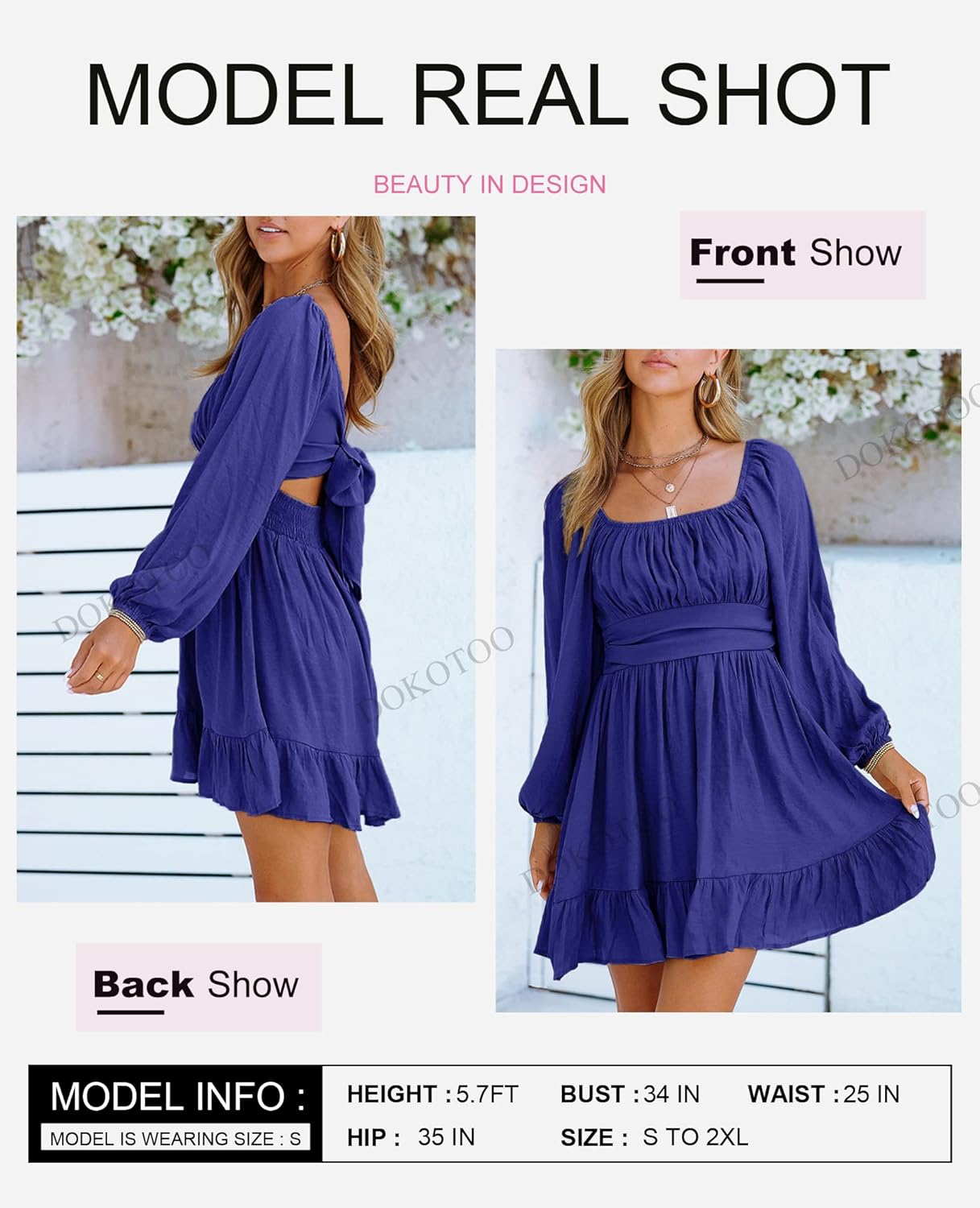 Dokotoo Women’s Long-Sleeve Lantern Dress Square Neck Tie-Back Ruffle A-Line Mini Dress with Elastic Waist, Sexy and Elegant