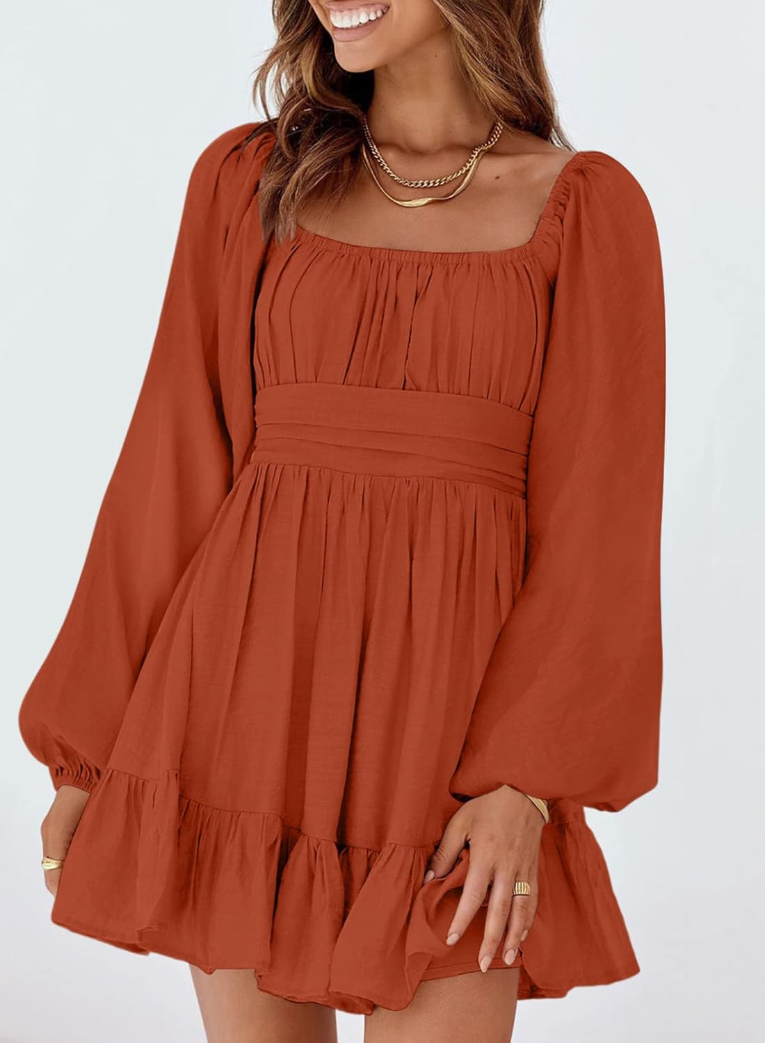 Dokotoo Women’s Long-Sleeve Lantern Dress Square Neck Tie-Back Ruffle A-Line Mini Dress with Elastic Waist, Sexy and Elegant