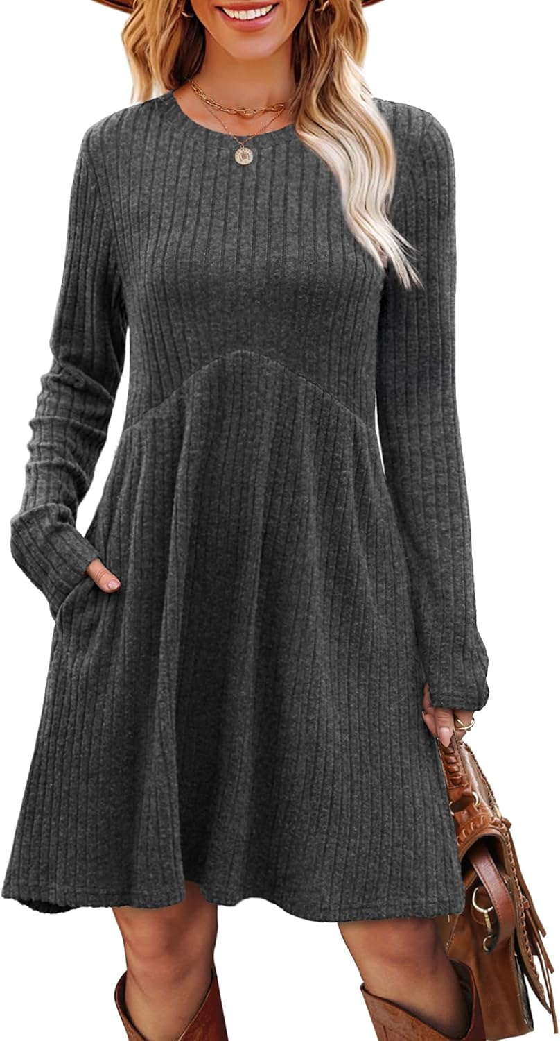 OFEEFAN Women’s Long-Sleeve Crew Neck Tunic Dress Empire Waist with Pockets