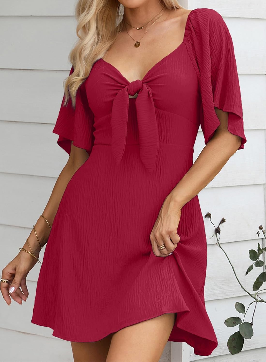 Dokotoo Women’s 2025 Summer & Fall Deep V-Neck Mini Dress with Elegant Bow Tie, Available in Sizes S–XL