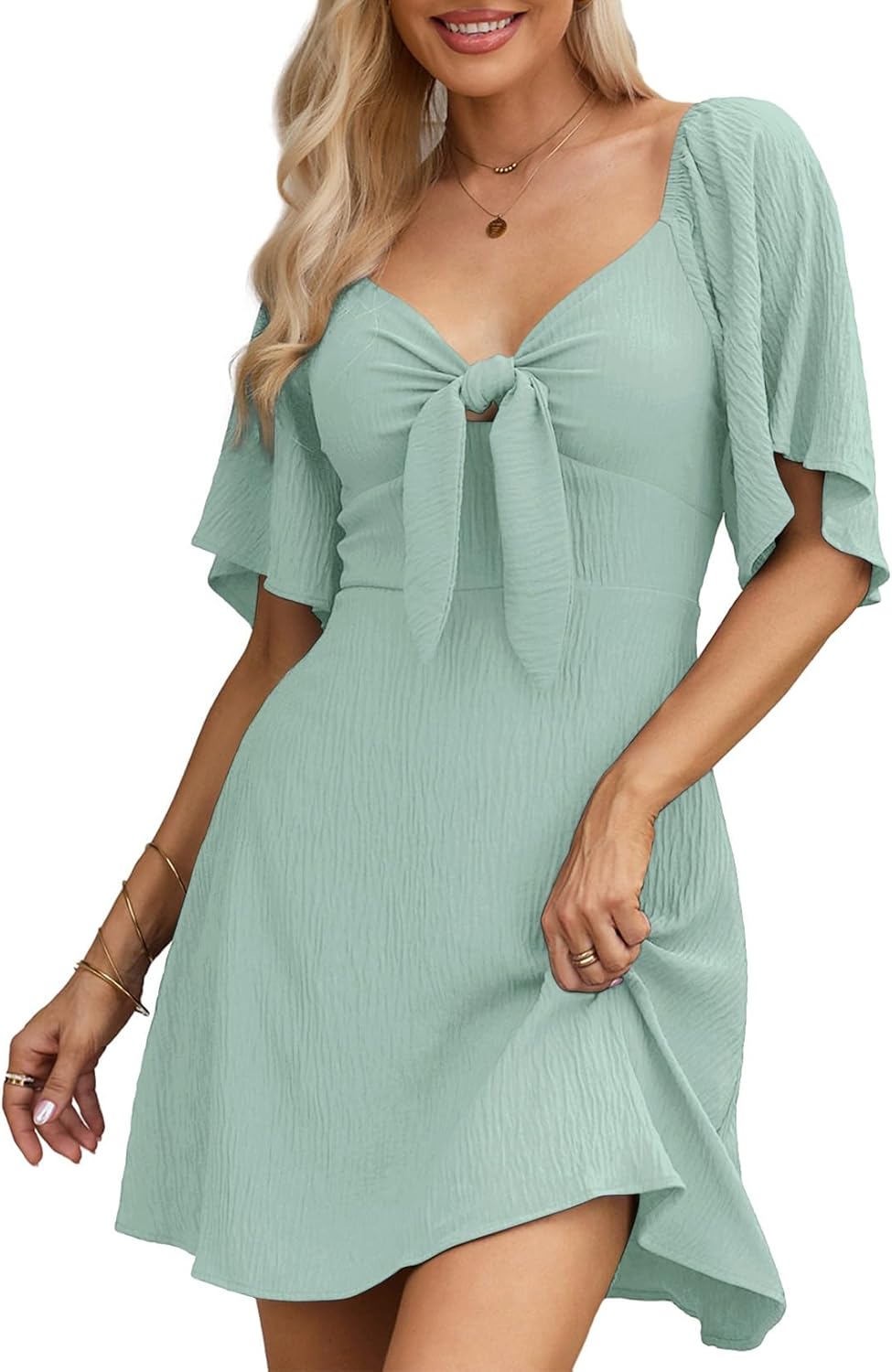 Dokotoo Women’s 2025 Summer & Fall Deep V-Neck Mini Dress with Elegant Bow Tie, Available in Sizes S–XL