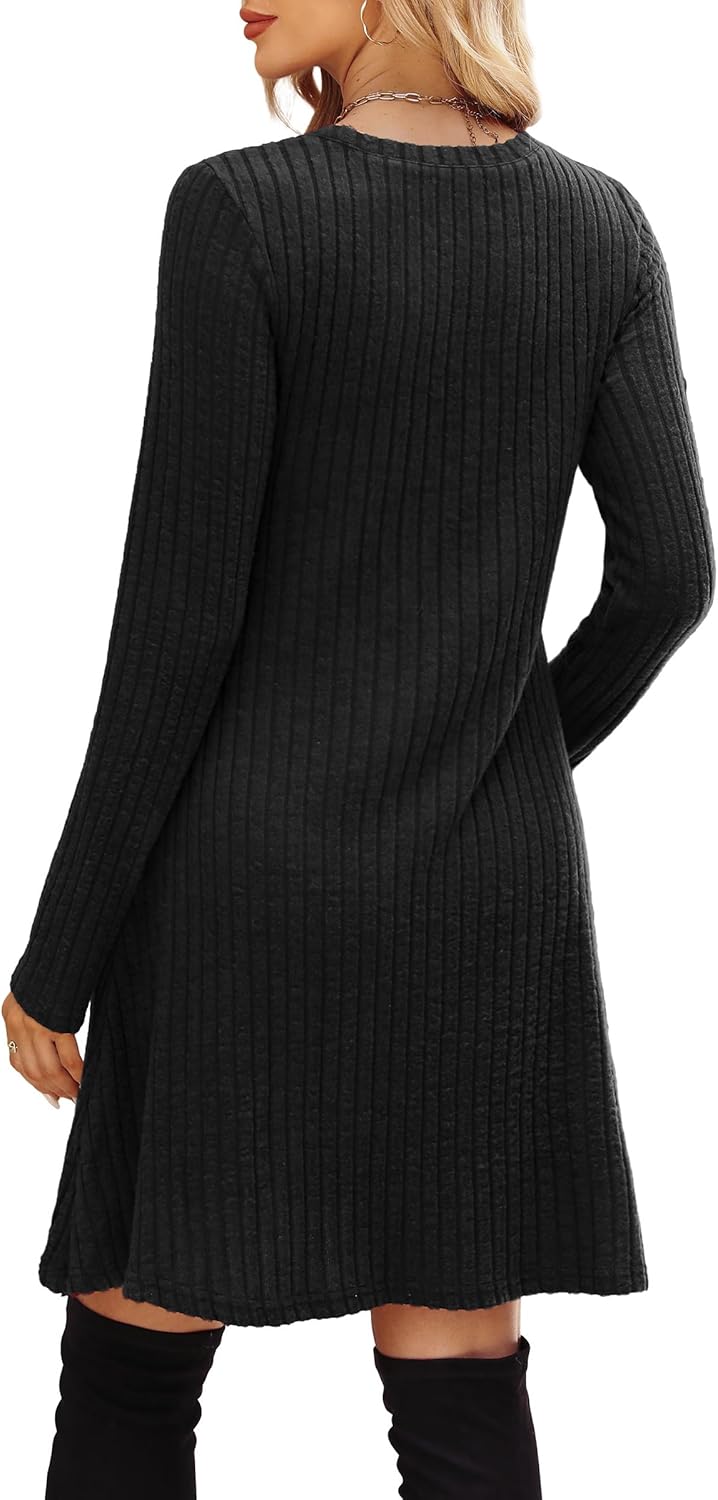 OFEEFAN Women’s Long-Sleeve Crew Neck Tunic Dress Empire Waist with Pockets