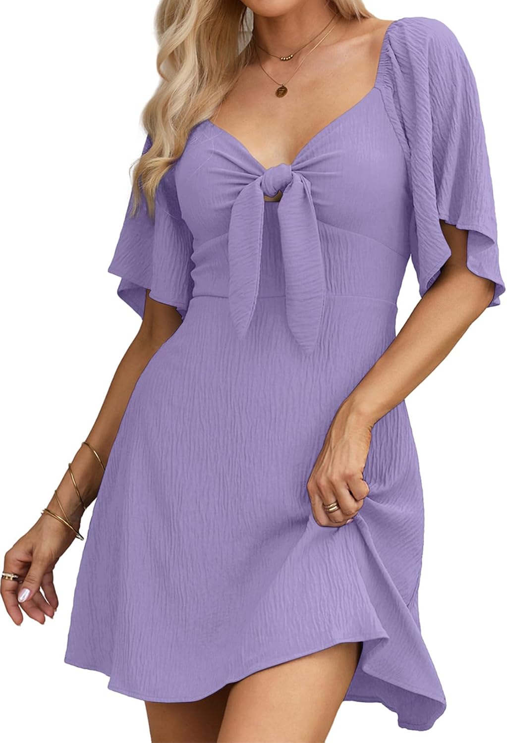 Dokotoo Women’s 2025 Summer & Fall Deep V-Neck Mini Dress with Elegant Bow Tie, Available in Sizes S–XL