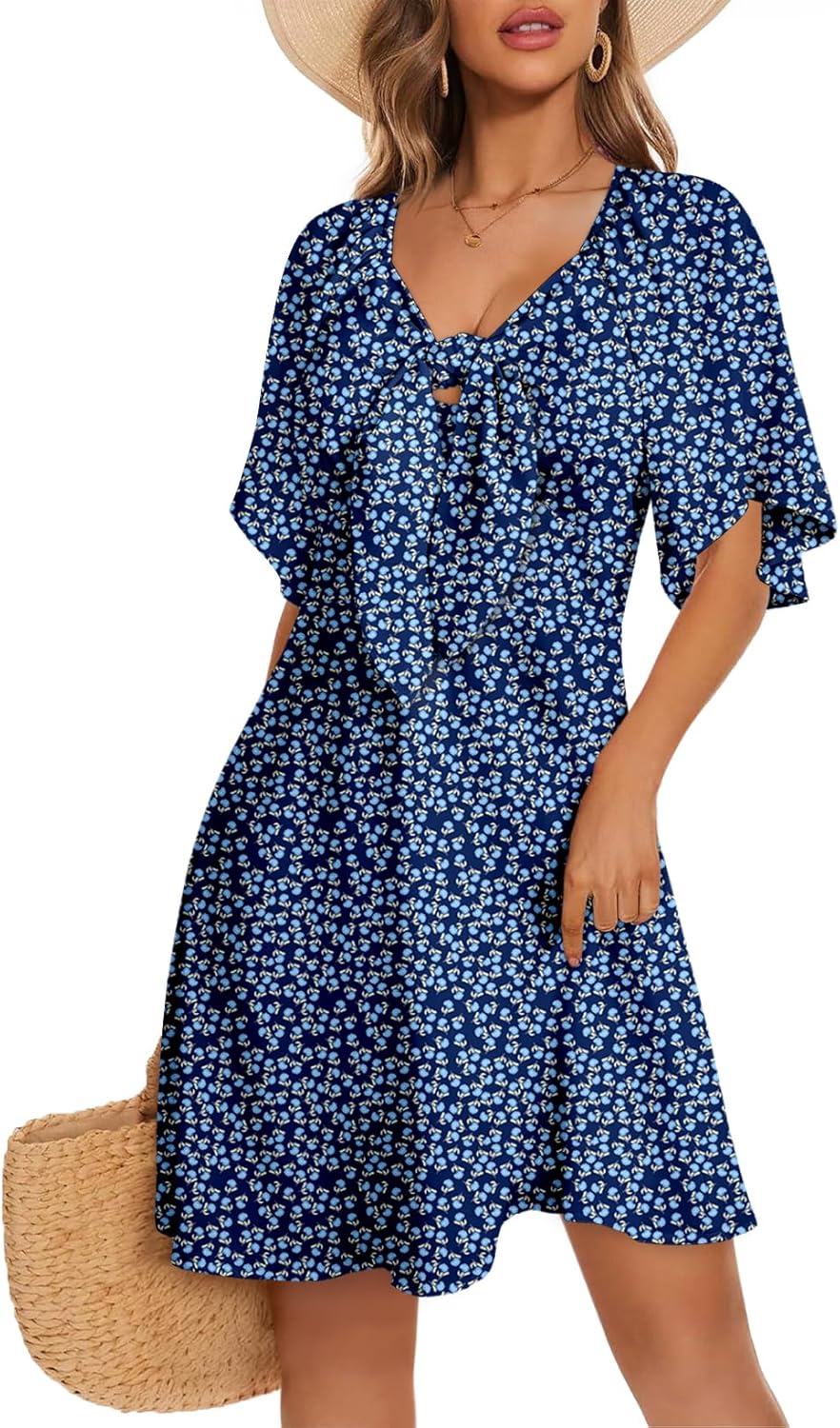 Dokotoo Women’s 2025 Summer & Fall Deep V-Neck Mini Dress with Elegant Bow Tie, Available in Sizes S–XL