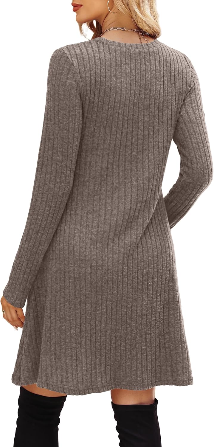 OFEEFAN Women’s Long-Sleeve Crew Neck Tunic Dress Empire Waist with Pockets