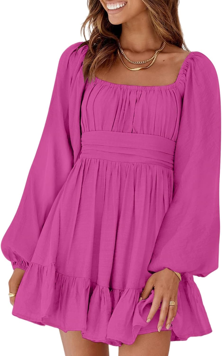 Dokotoo Women’s Long-Sleeve Lantern Dress Square Neck Tie-Back Ruffle A-Line Mini Dress with Elastic Waist, Sexy and Elegant