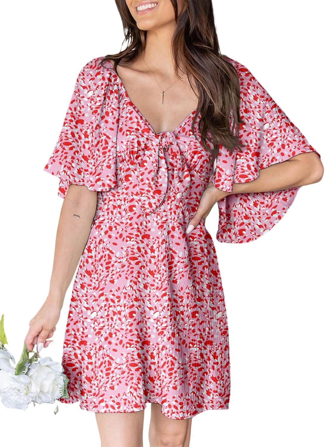 Dokotoo Women’s 2025 Summer & Fall Deep V-Neck Mini Dress with Elegant Bow Tie, Available in Sizes S–XL