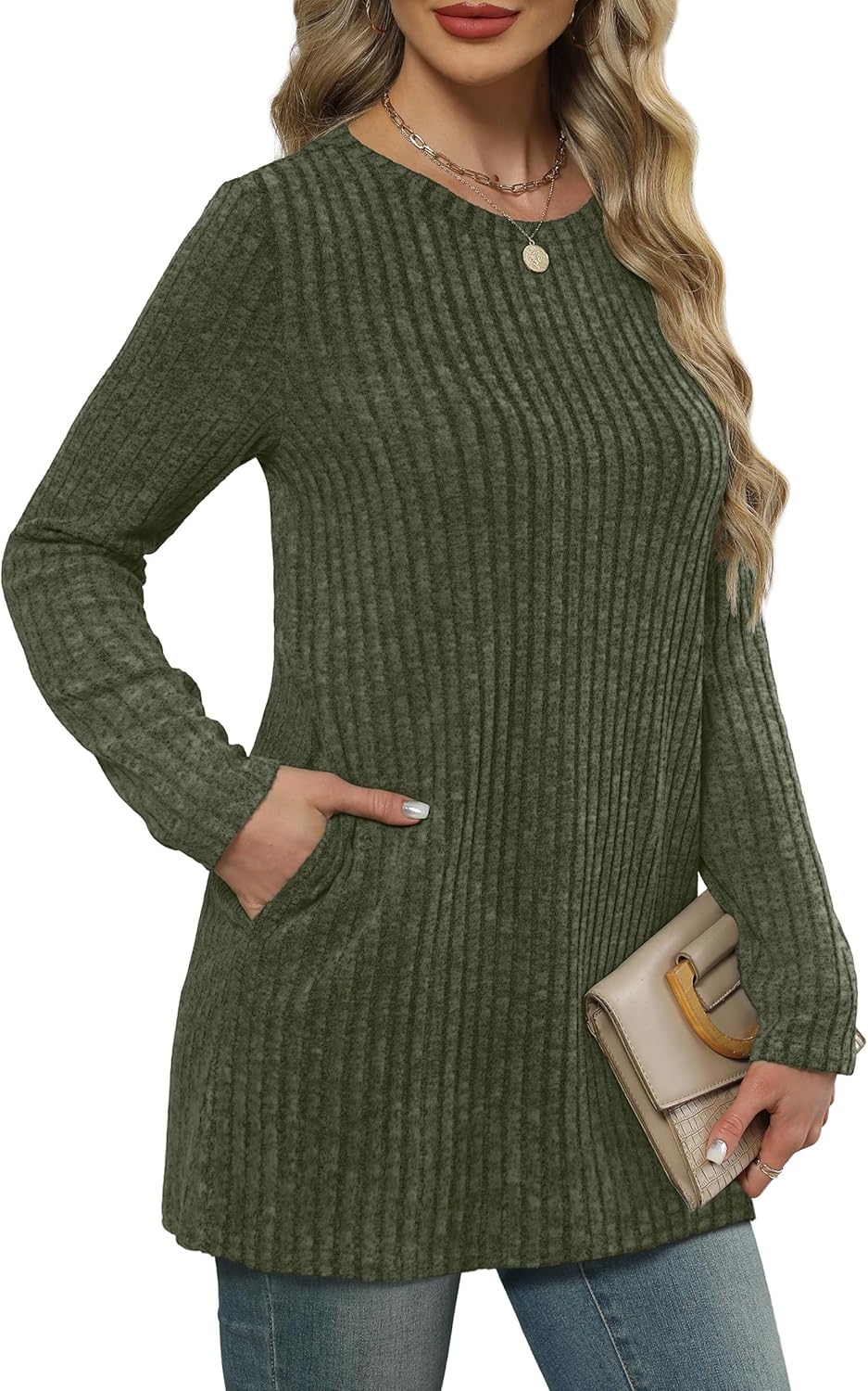 XIEERDUO Women’s Long-Sleeve Crewneck Tunic Tops Loose-Fit Sweaters with Pockets Fall Fashion 2025