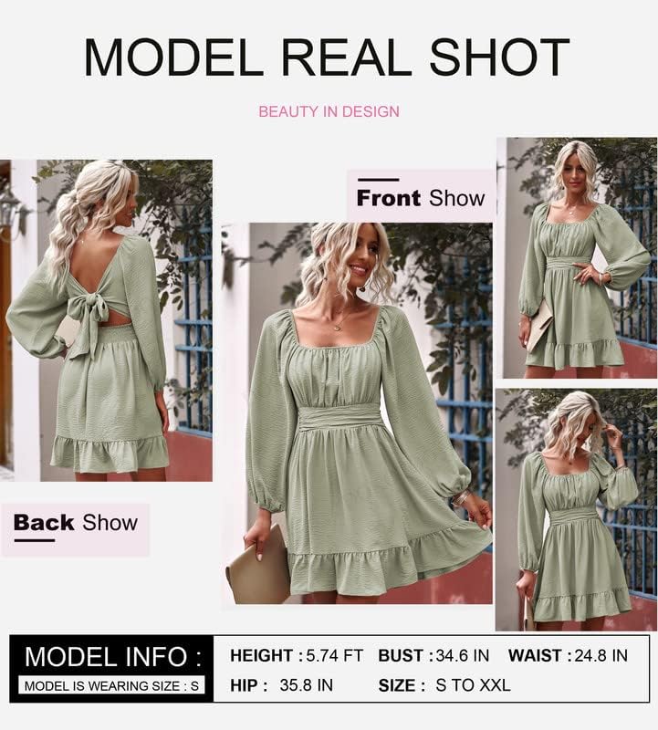 Dokotoo Women’s Long-Sleeve Lantern Dress Square Neck Tie-Back Ruffle A-Line Mini Dress with Elastic Waist, Sexy and Elegant