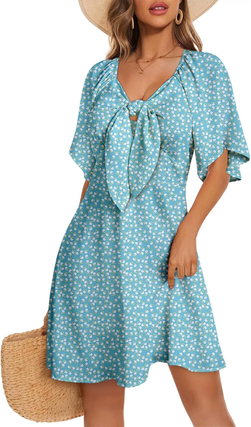 Dokotoo Women’s 2025 Summer & Fall Deep V-Neck Mini Dress with Elegant Bow Tie, Available in Sizes S–XL