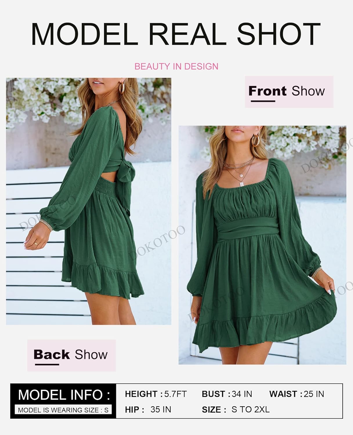 Dokotoo Women’s Long-Sleeve Lantern Dress Square Neck Tie-Back Ruffle A-Line Mini Dress with Elastic Waist, Sexy and Elegant