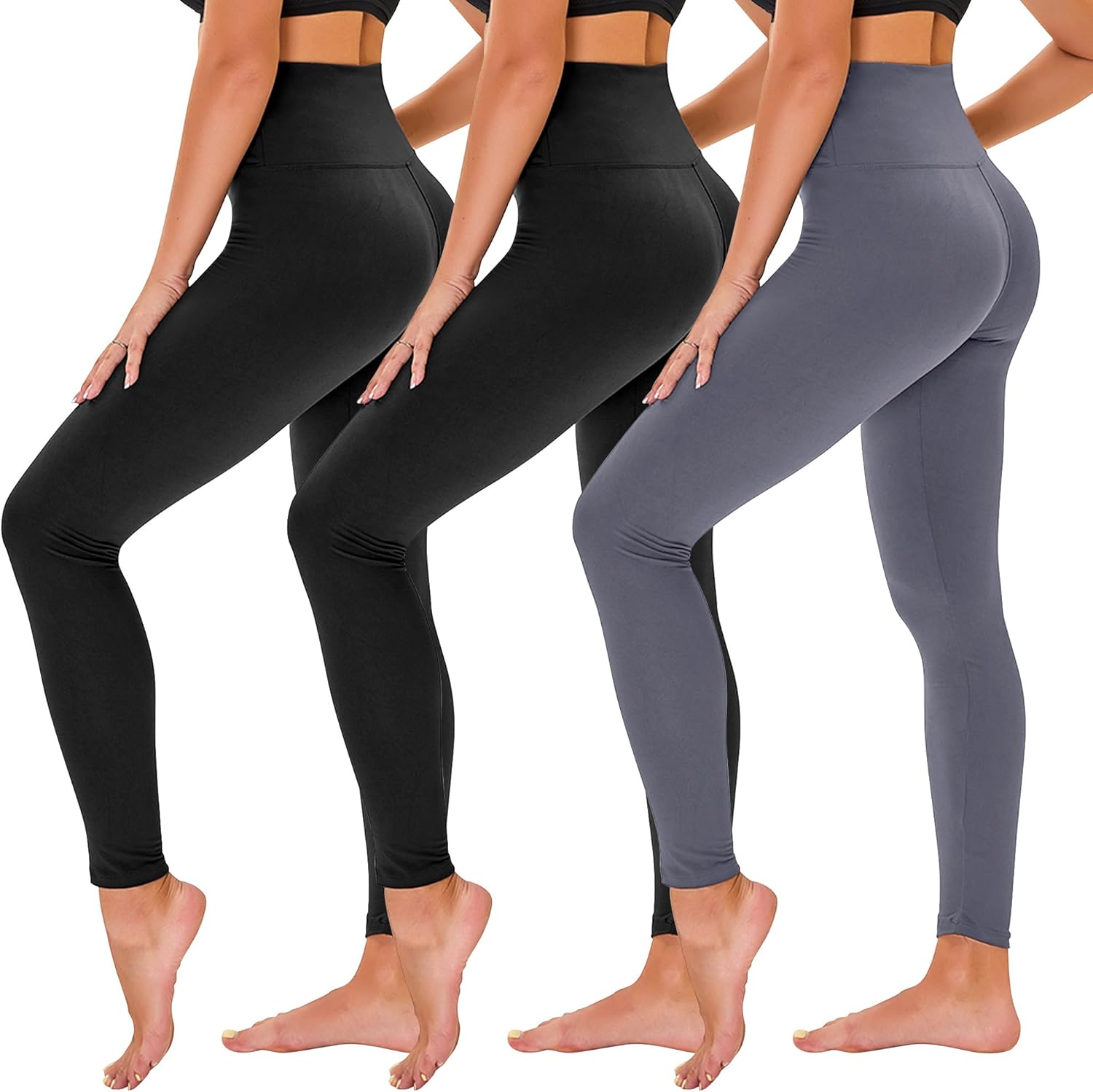 TNNZEET Women’s 3-Pack High-Waisted Leggings – Black Tummy Control Yoga Pants with Pockets for Gym, Running & Workout