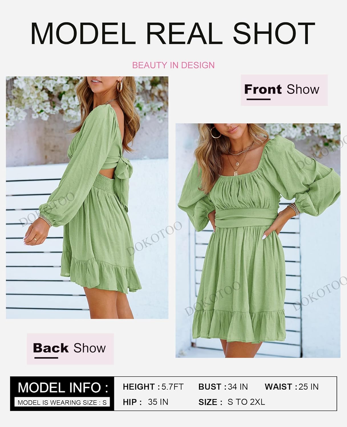 Dokotoo Women’s Long-Sleeve Lantern Dress Square Neck Tie-Back Ruffle A-Line Mini Dress with Elastic Waist, Sexy and Elegant