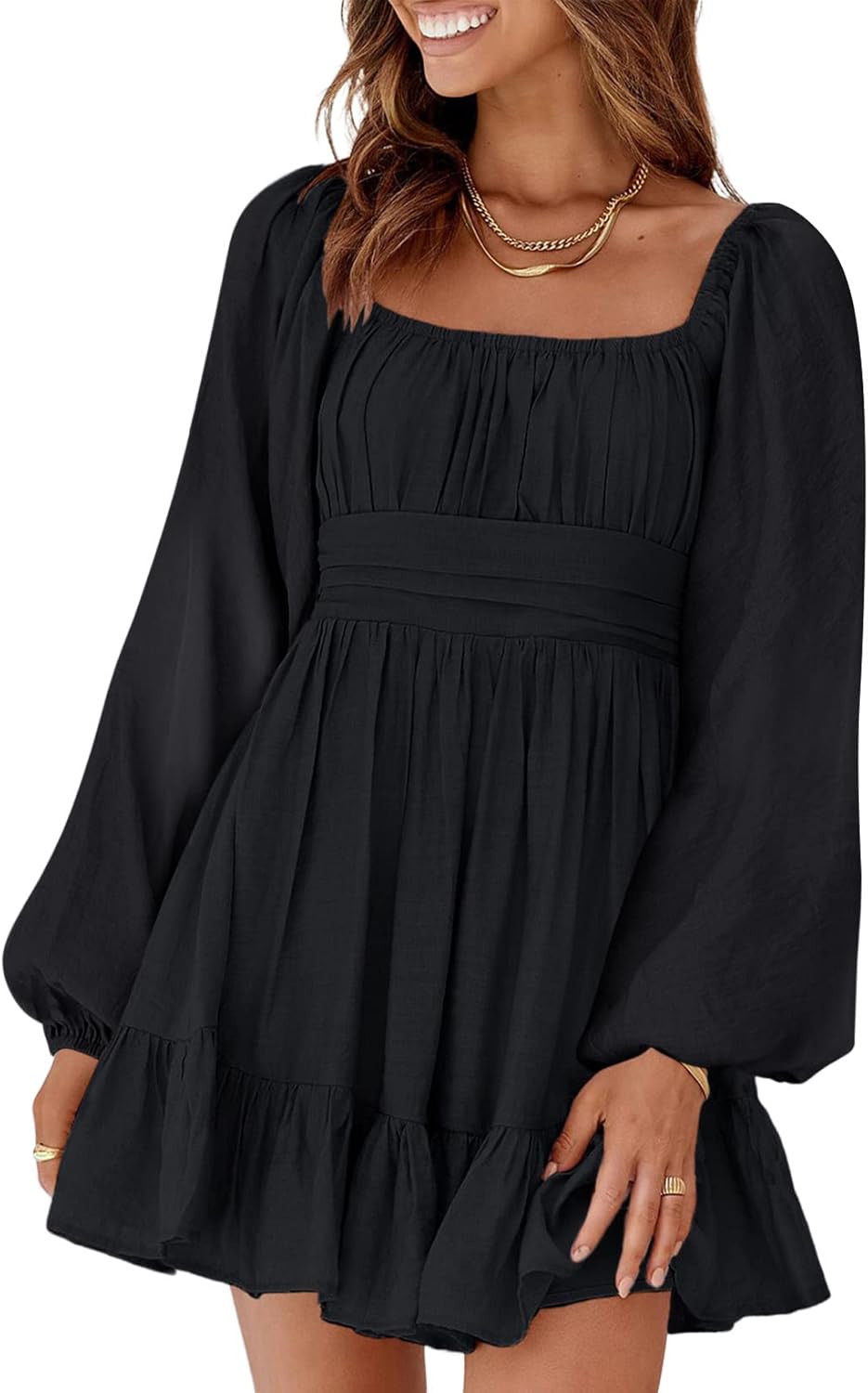 Dokotoo Women’s Long-Sleeve Lantern Dress Square Neck Tie-Back Ruffle A-Line Mini Dress with Elastic Waist, Sexy and Elegant