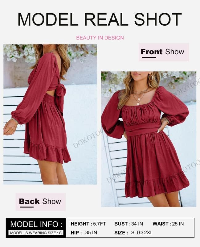 Dokotoo Women’s Long-Sleeve Lantern Dress Square Neck Tie-Back Ruffle A-Line Mini Dress with Elastic Waist, Sexy and Elegant