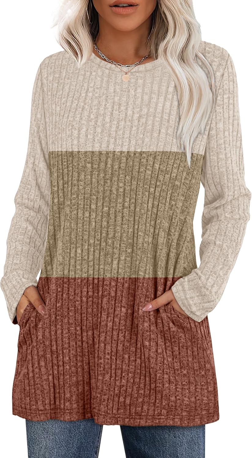 XIEERDUO Women’s Long-Sleeve Crewneck Tunic Tops Loose-Fit Sweaters with Pockets Fall Fashion 2025