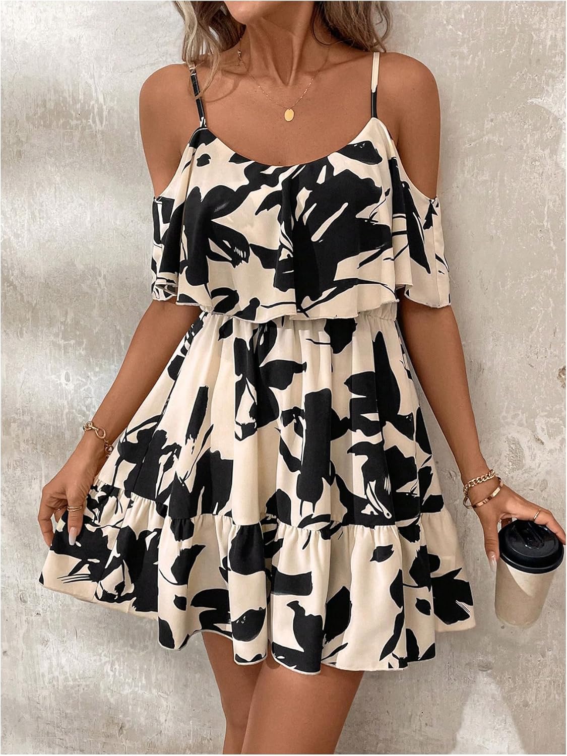 SOLY HUX Women’s Boho Floral Print Cold-Shoulder Dress Short-Sleeve Ruffle A-Line Mini Dress Elegant Vacation Wear